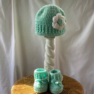 Mint Green handmade crocheted Baby Hat and Booties Set